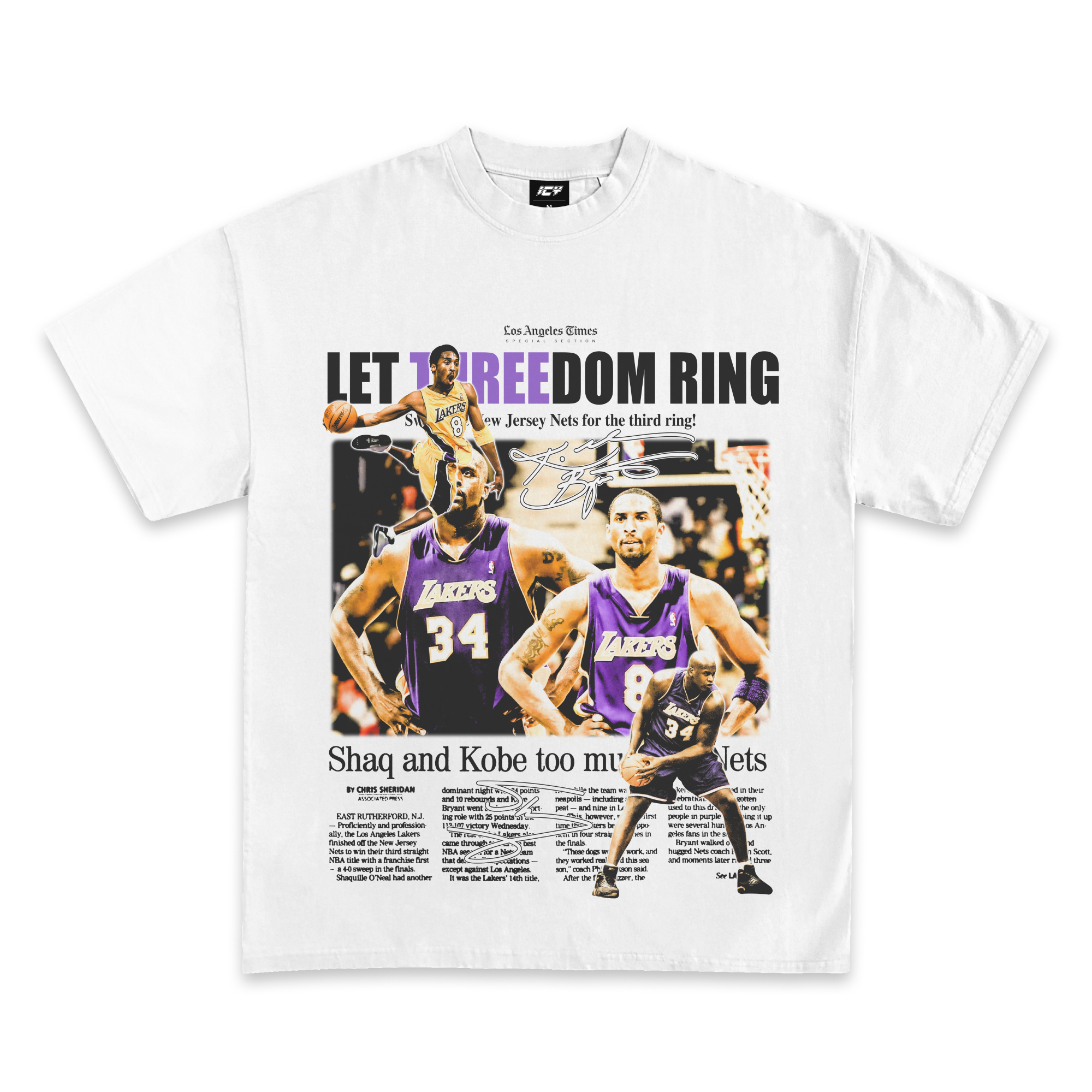 Kobe and Shaq Threedom Rings Newspaper Graphic T-Shirt